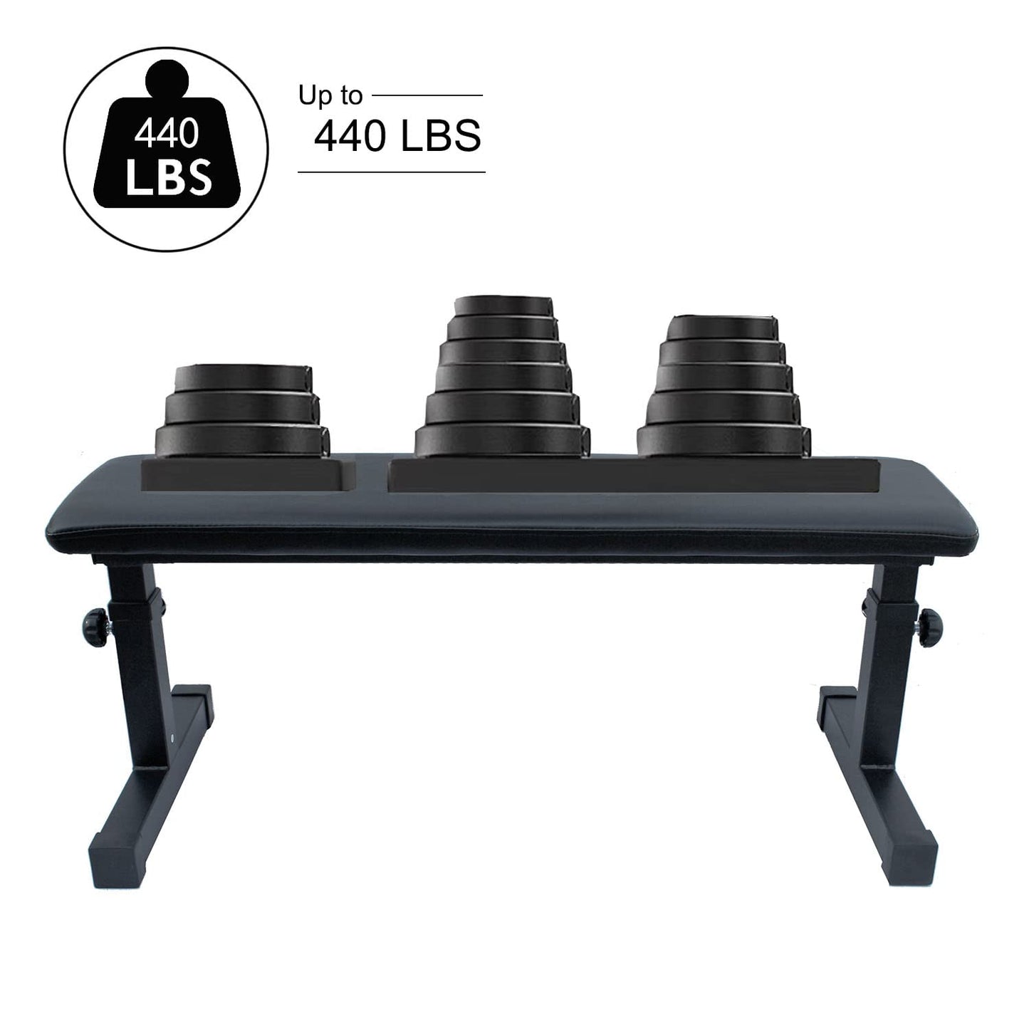 Black adjustable workout bench with stacks of weight plates