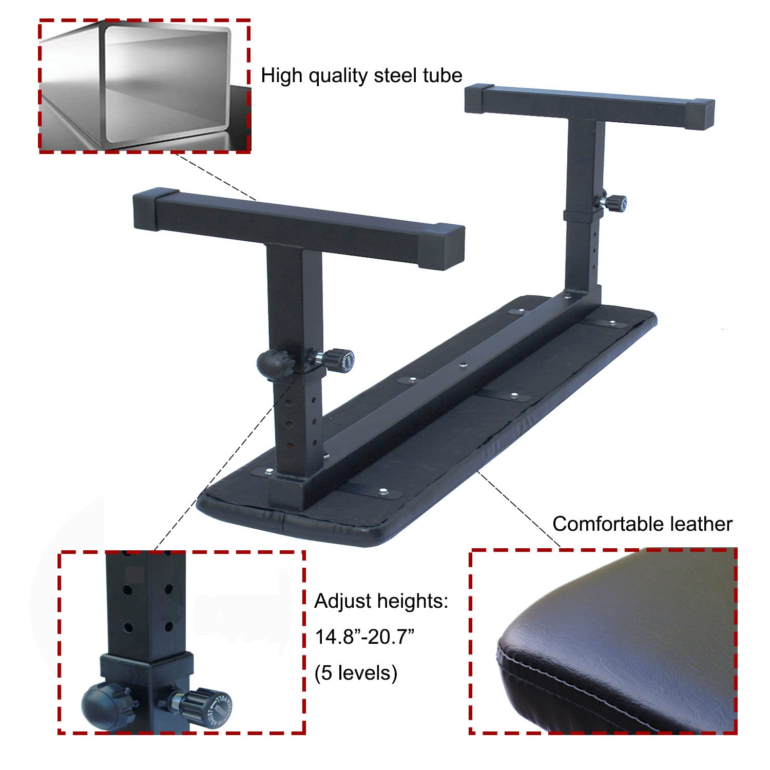 Adjustable height black steel weight bench with comfortable leather padding