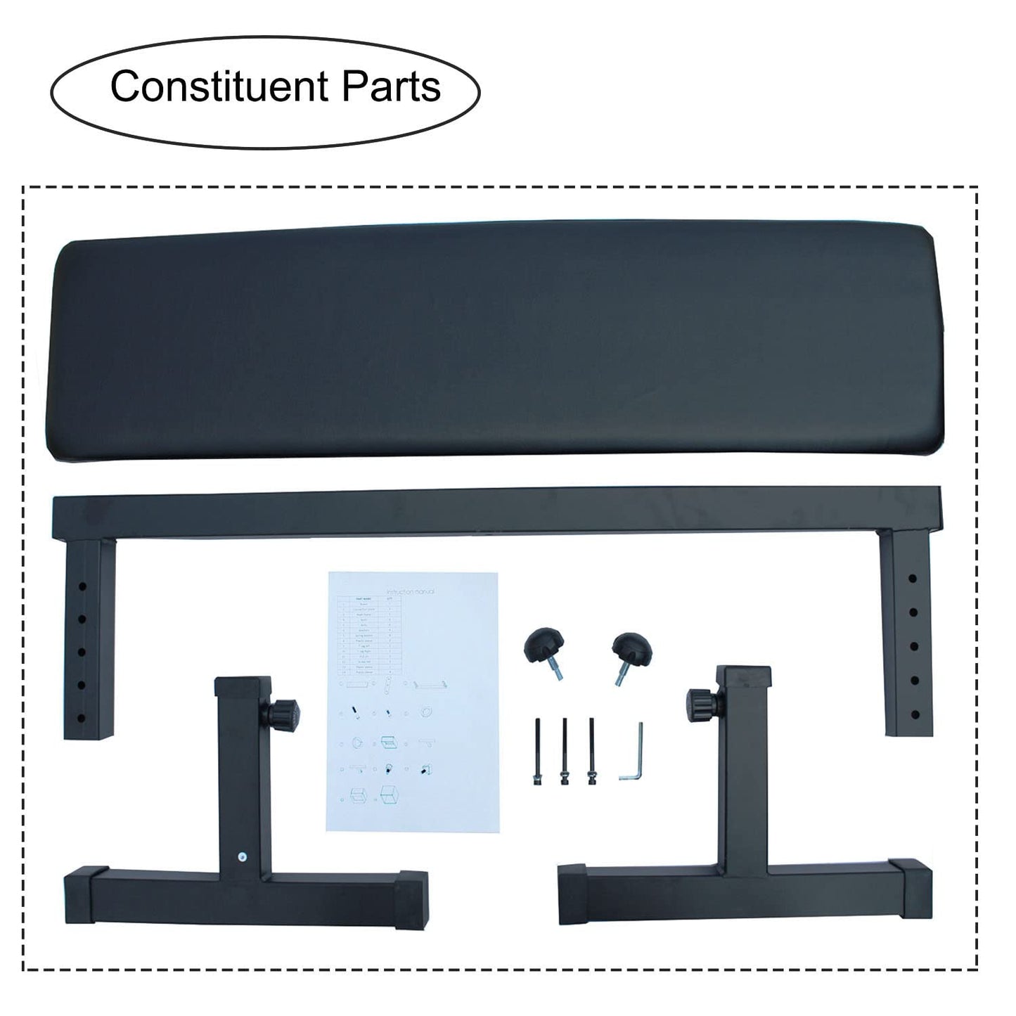 Black padded bench seat and metal frame parts for a weight bench