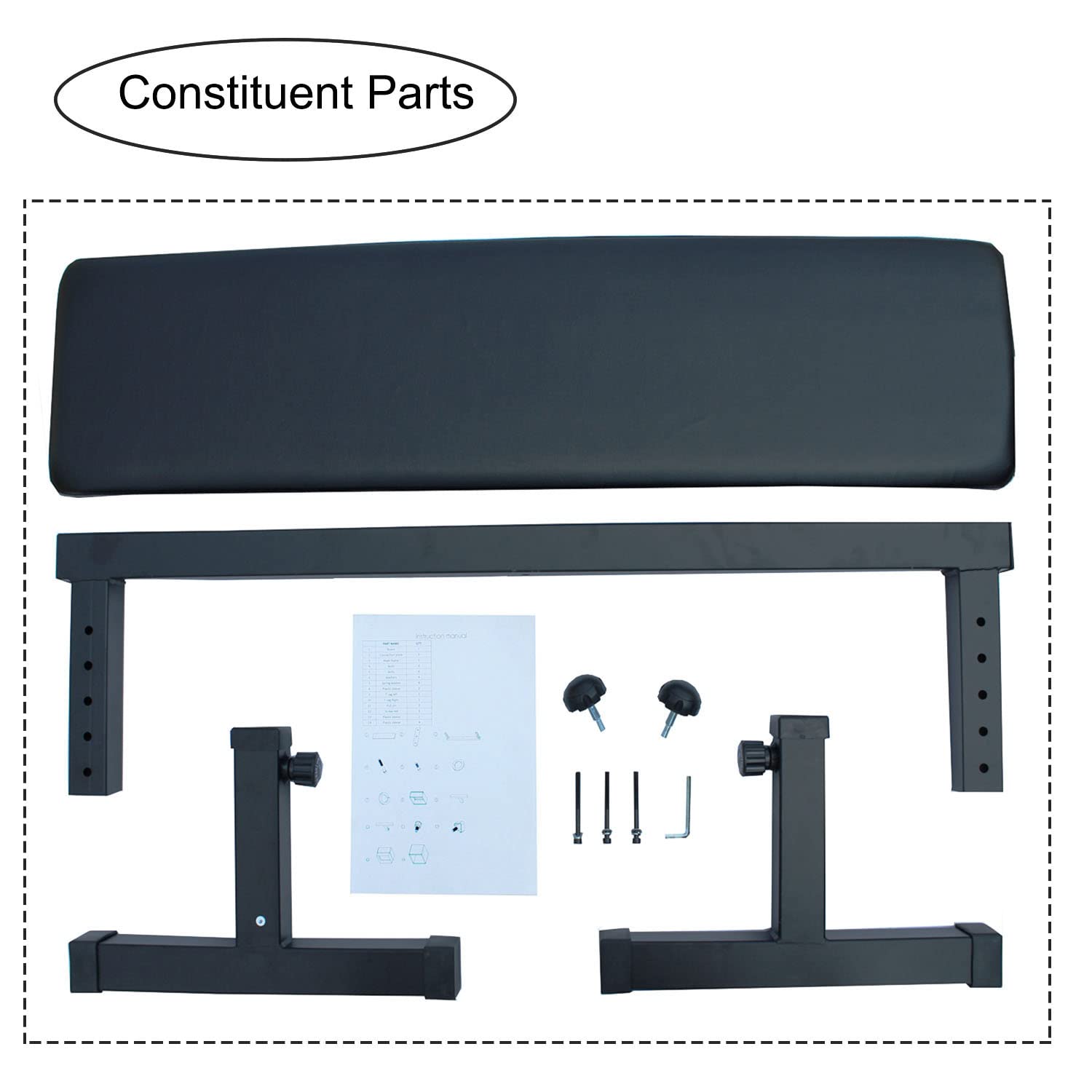 Black padded bench seat and metal frame parts for a weight bench