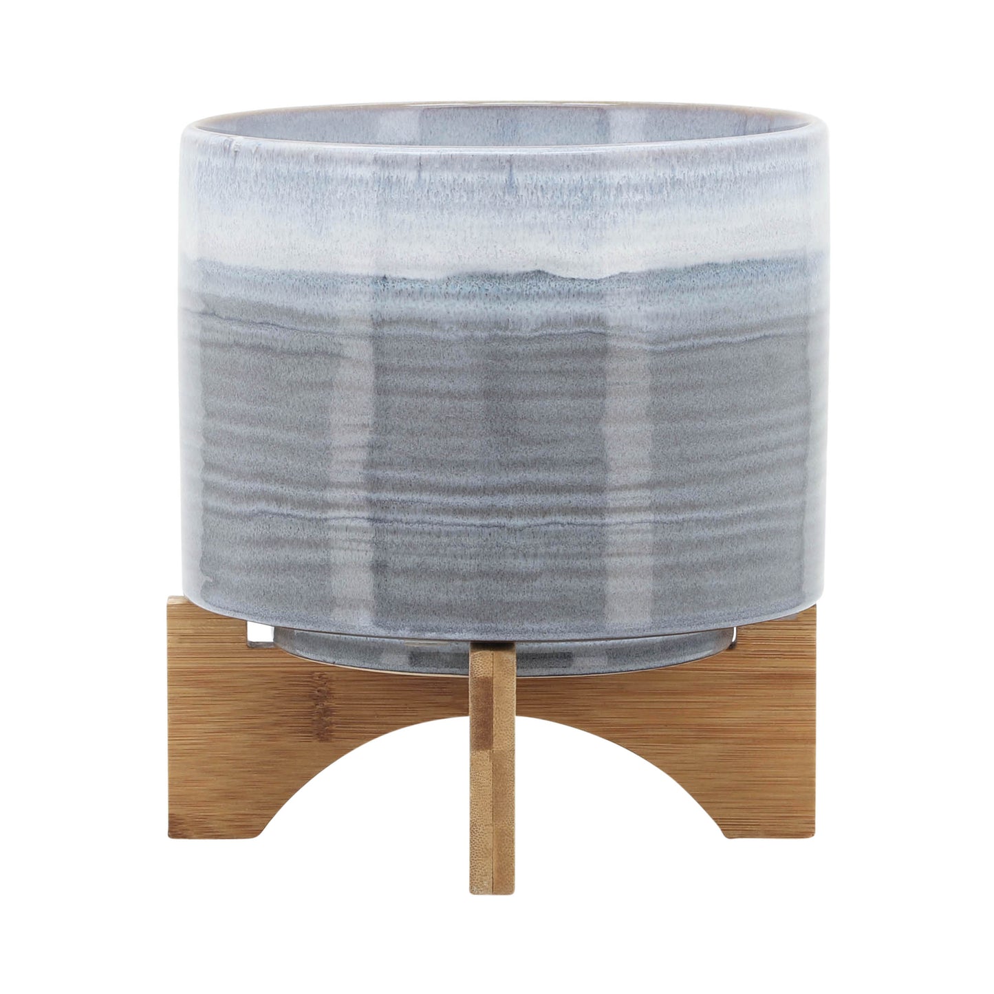Grey speckled ceramic planter with natural bamboo stand for indoor plants
