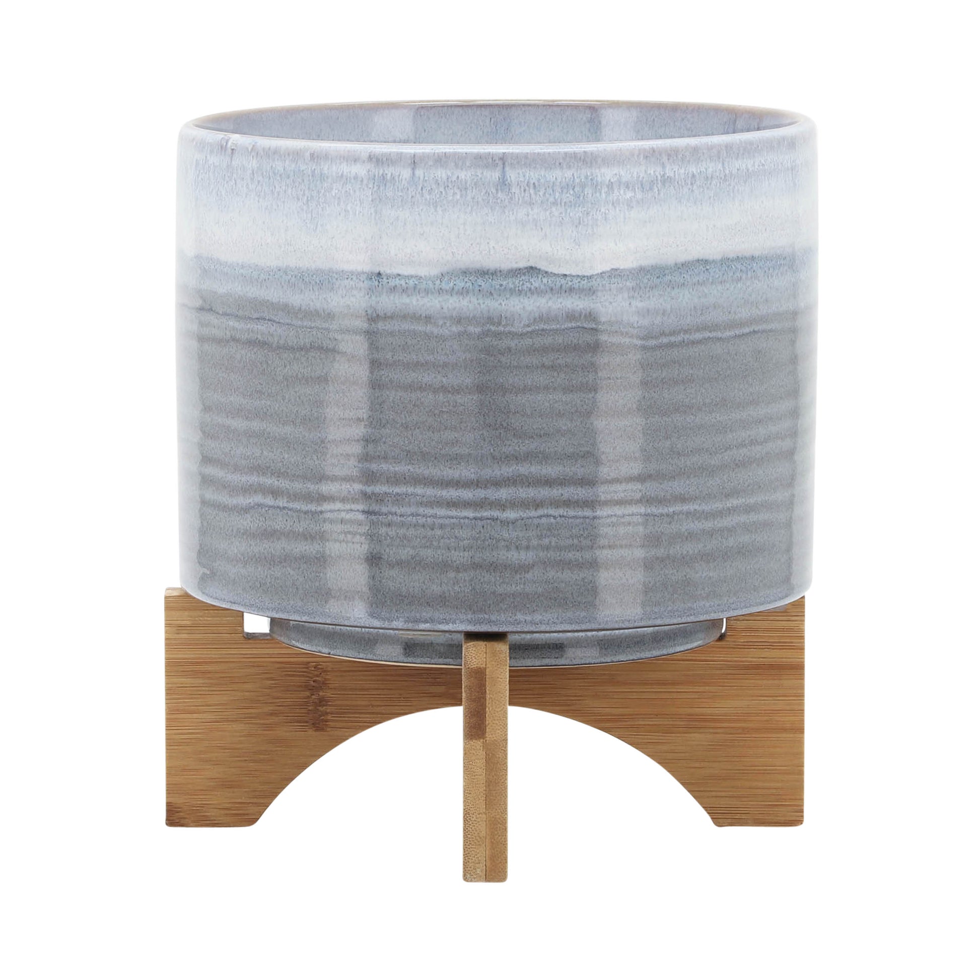 Grey speckled ceramic planter with natural bamboo stand for indoor plants