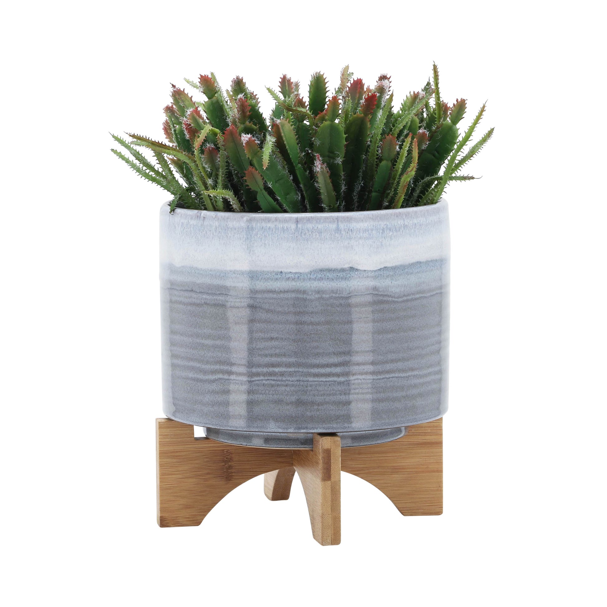 Artificial succulent plant in a grey and white ceramic pot with bamboo stand