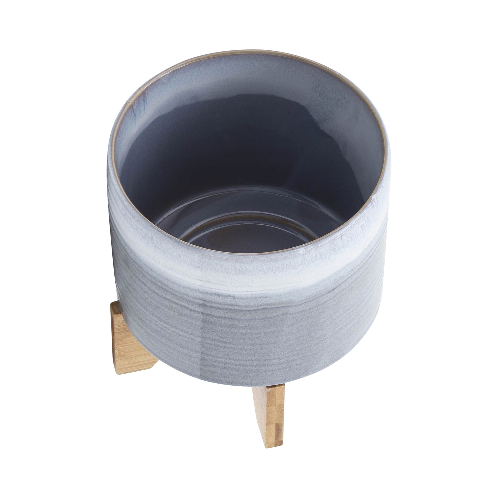 Gray ceramic pet bowl with wooden legs for elevated dining