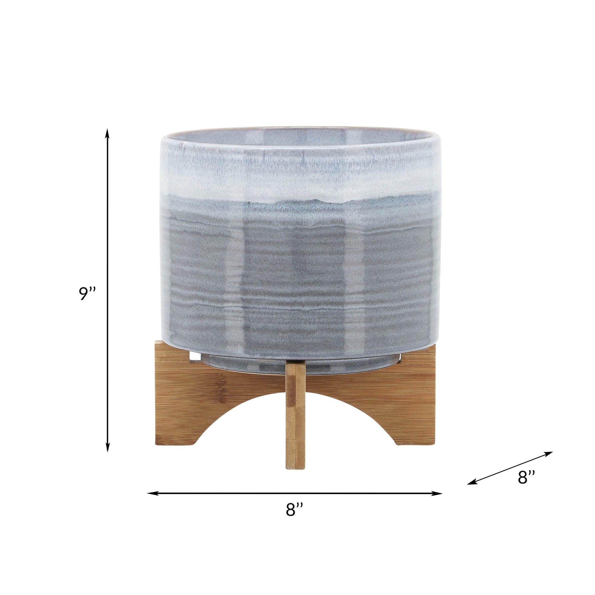 Gray and white ombre ceramic planter with bamboo stand inch height
