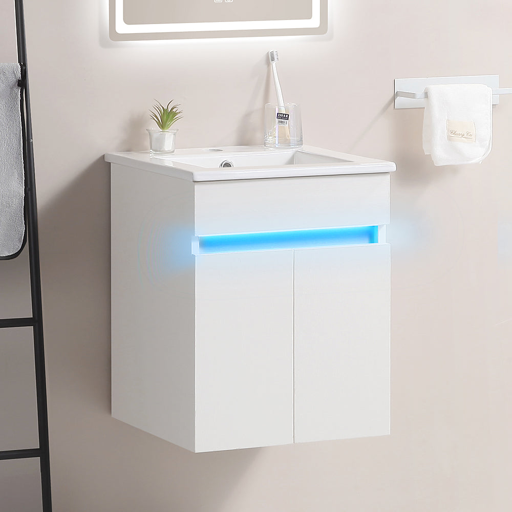 White modern wallmounted vanity with LED light strip and ceramic sink