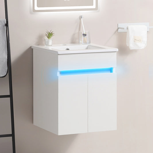 White modern wallmounted vanity with LED light strip and ceramic sink