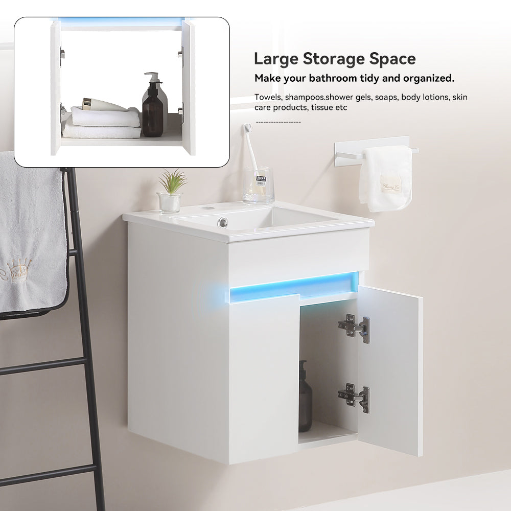 White modern wallmounted bathroom vanity with integrated sink and LED lighting