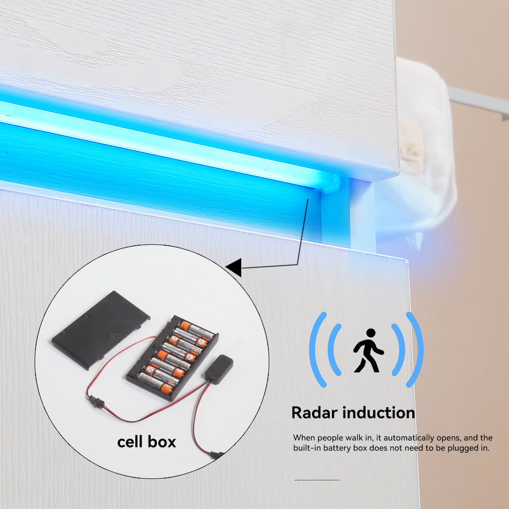 White textured cabinet detail with blue LED strip light and battery operated cell box