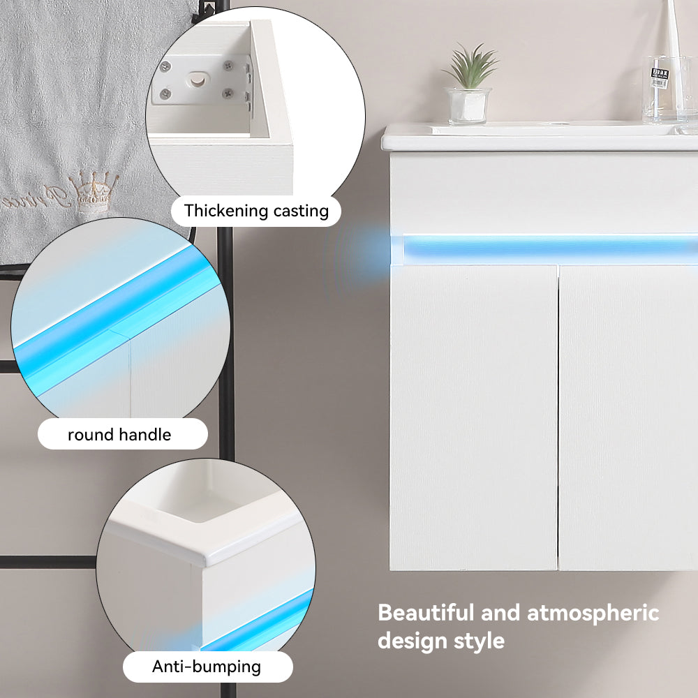 Modern white bathroom vanity with integrated LED lighting and round handle