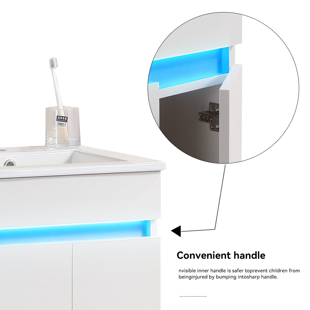 Modern white bathroom vanity with blue LED lighting and integrated sink