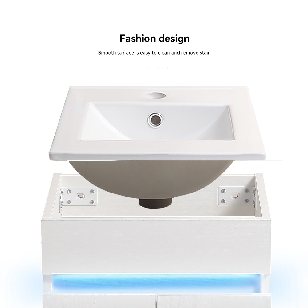 Modern white ceramic bathroom vanity sink with integrated faucet hole and brushed nickel drain