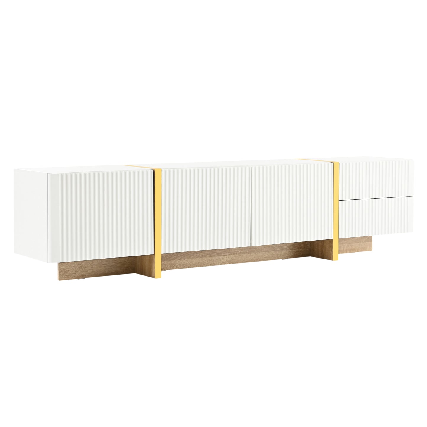 Modern white media console with fluted drawers and brushed gold accents on a wood base