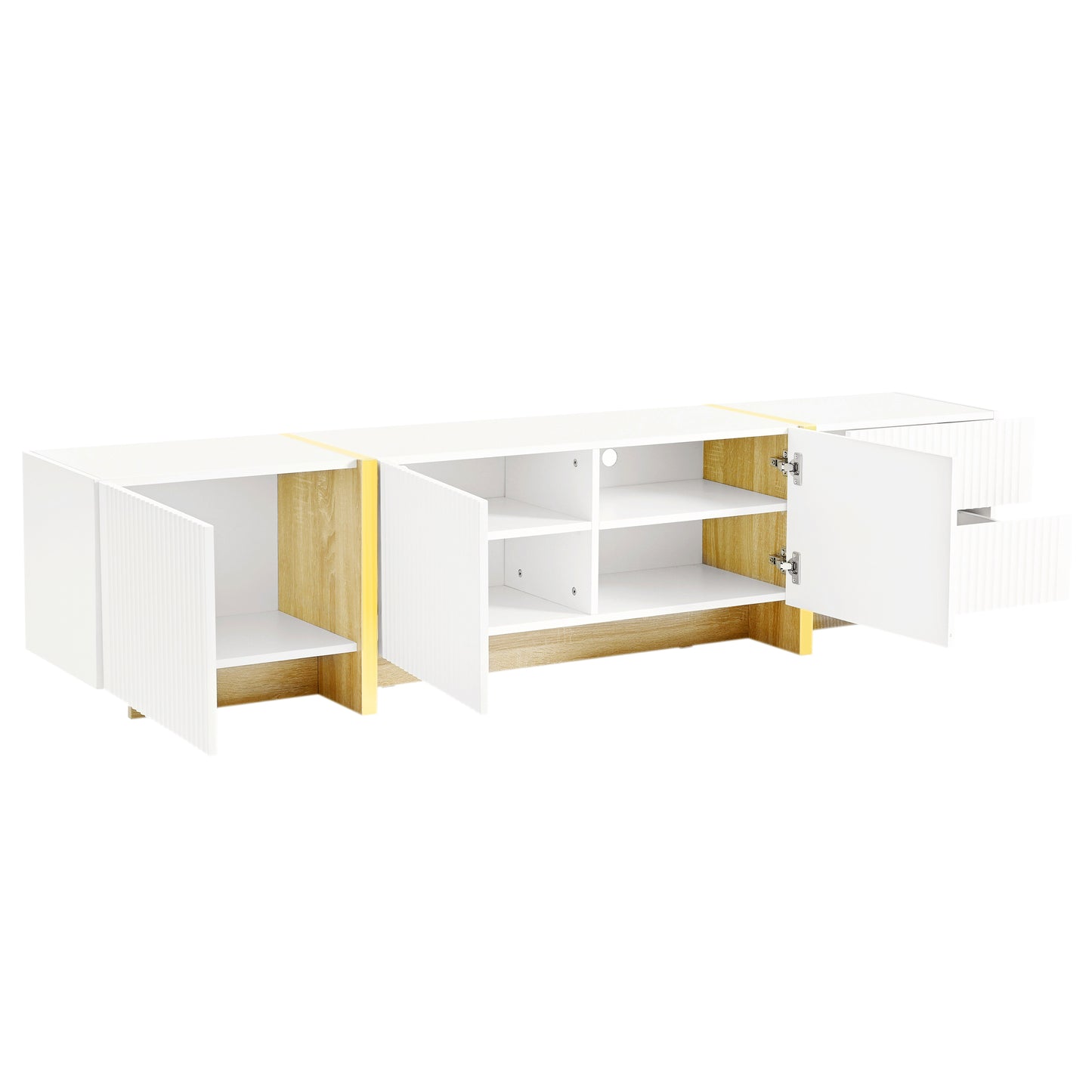 White media console with natural wood accents and yellow trim featuring open shelving and fluted cabinet doors