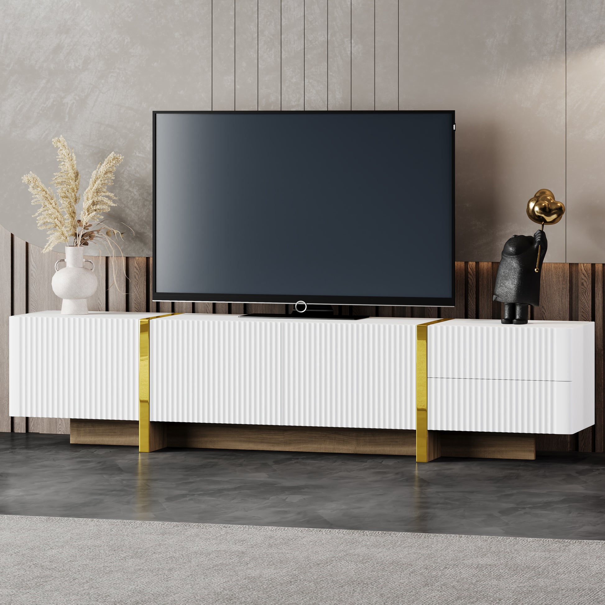 Modern white media console with gold accents and fluted doors perfect for living room storage