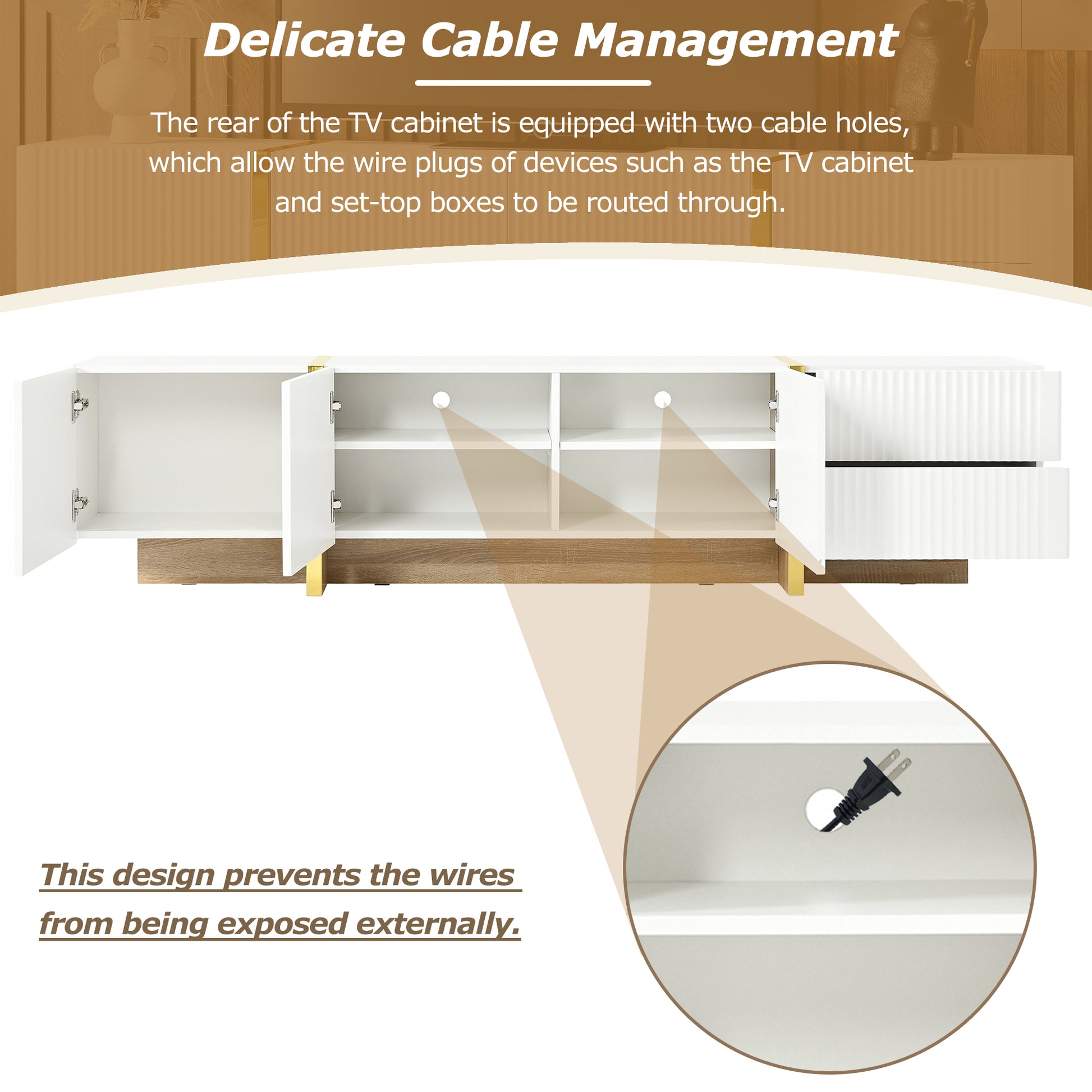 White modern TV cabinet with two open compartments gold accents