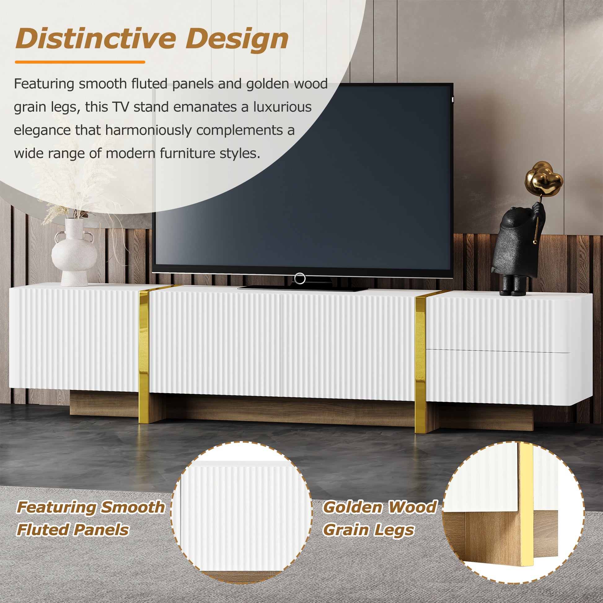 White TV stand with fluted panels and golden wood grain legs  characters