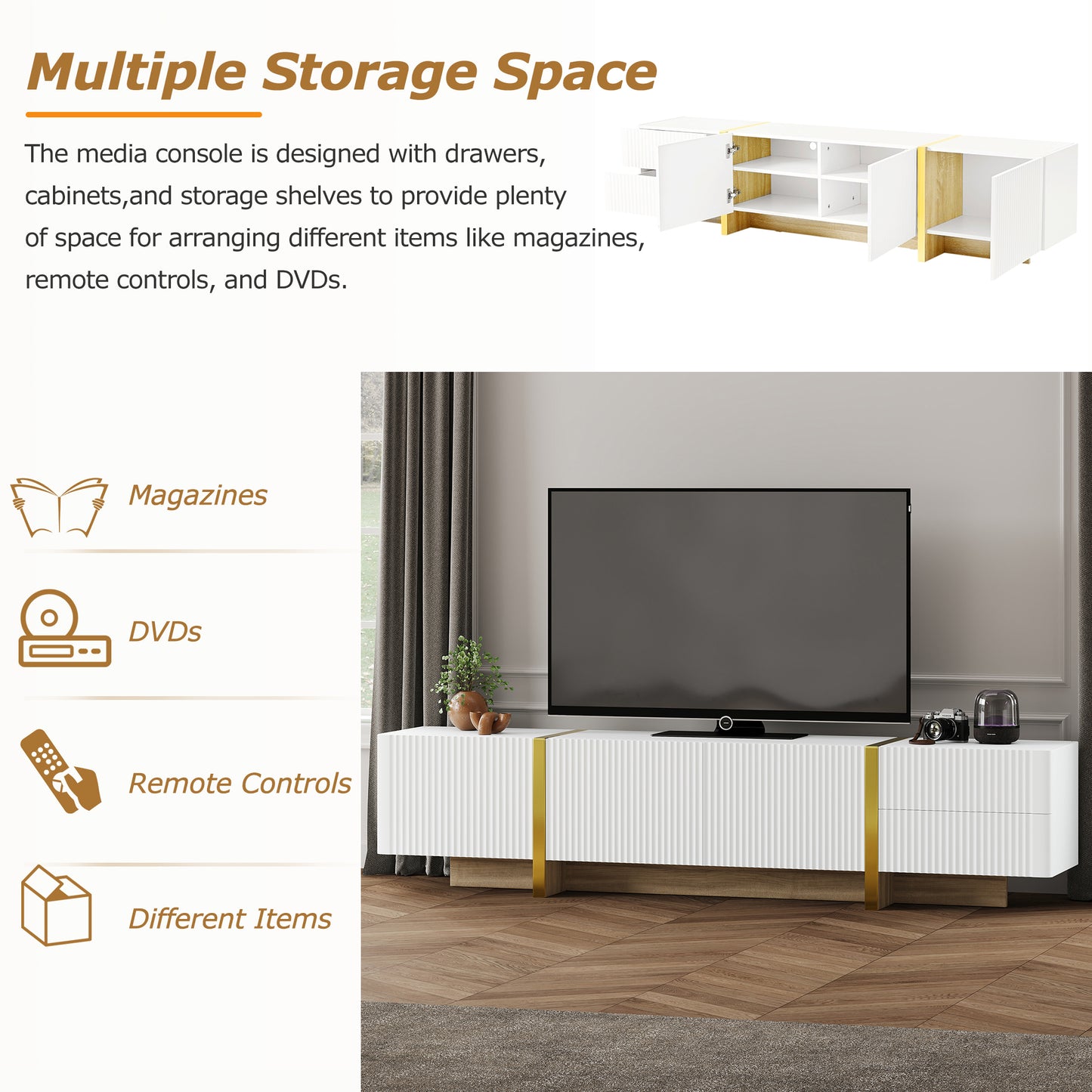 White media console with fluted doors and gold accents  characters