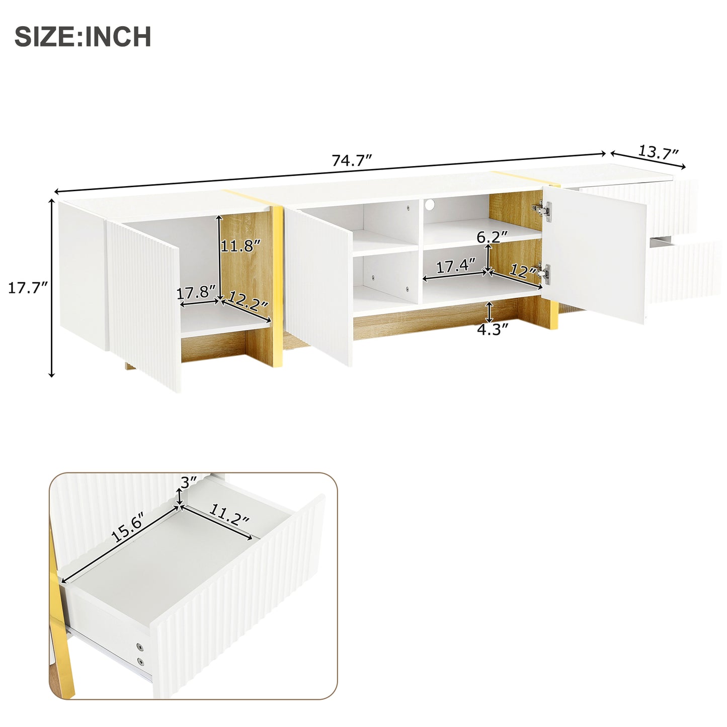 Modern white media console with fluted cabinet doors and gold accents