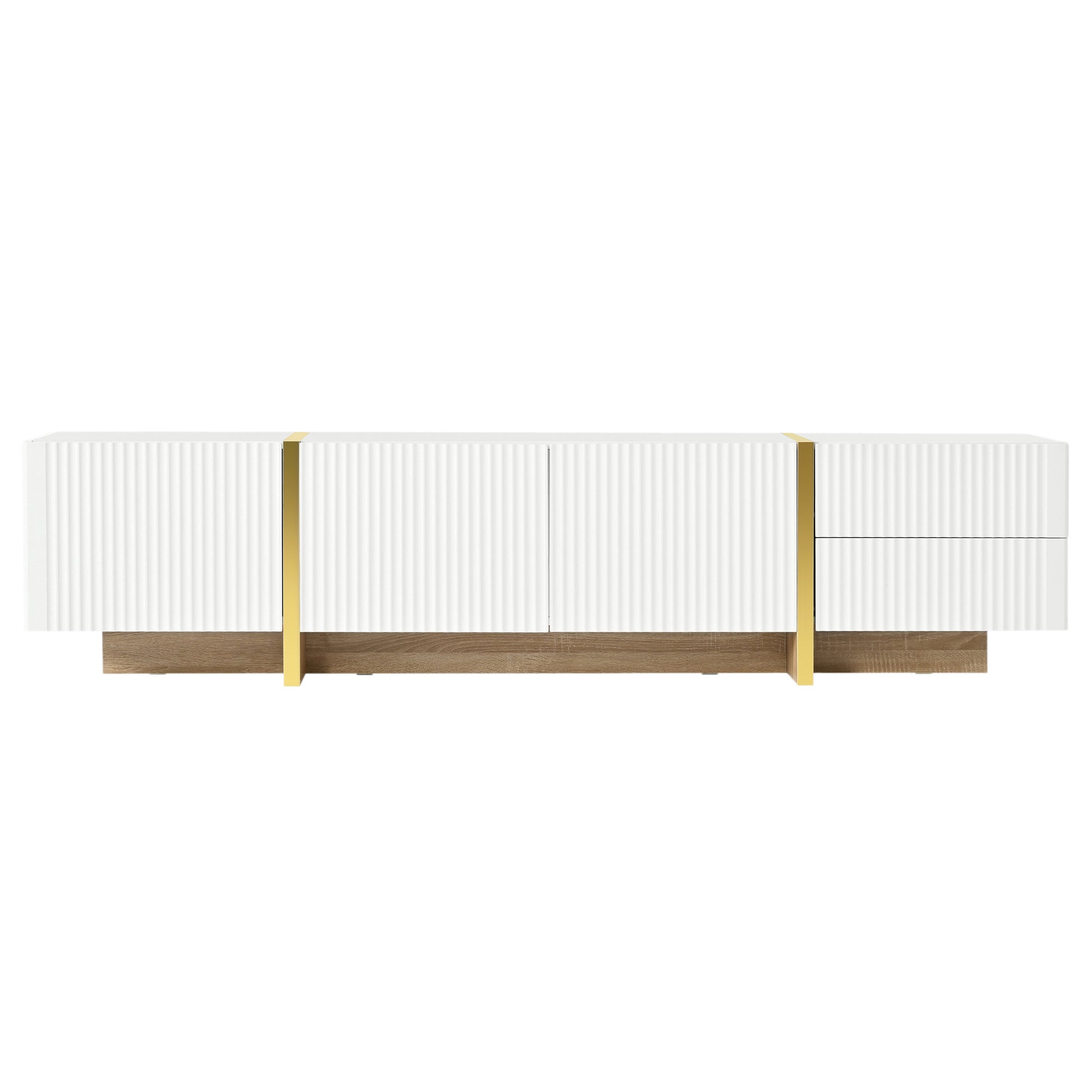 White fluted sideboard with gold accents and wood base offering modern storage solutions