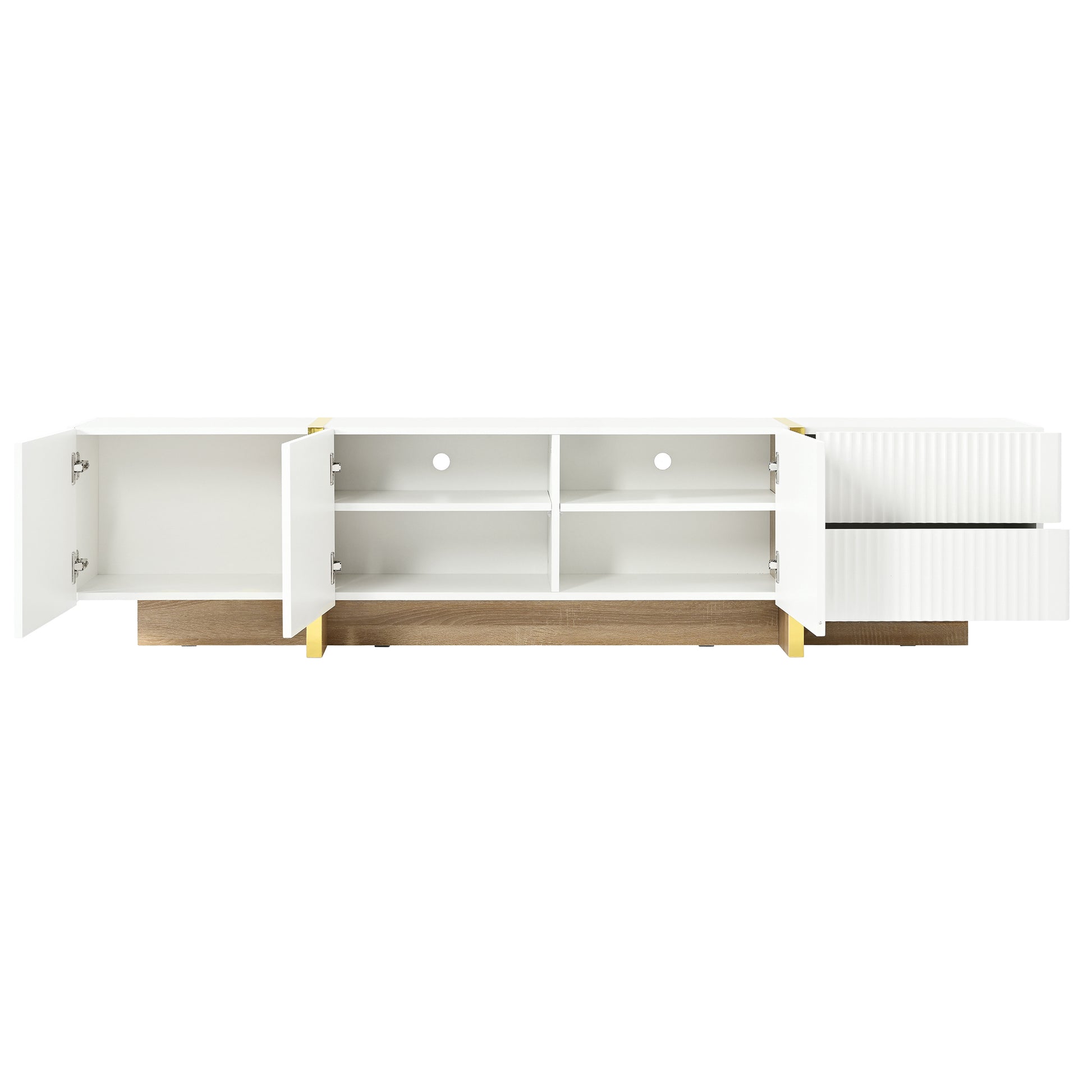Modern white media console with open shelving and fluted drawers featuring gold accents