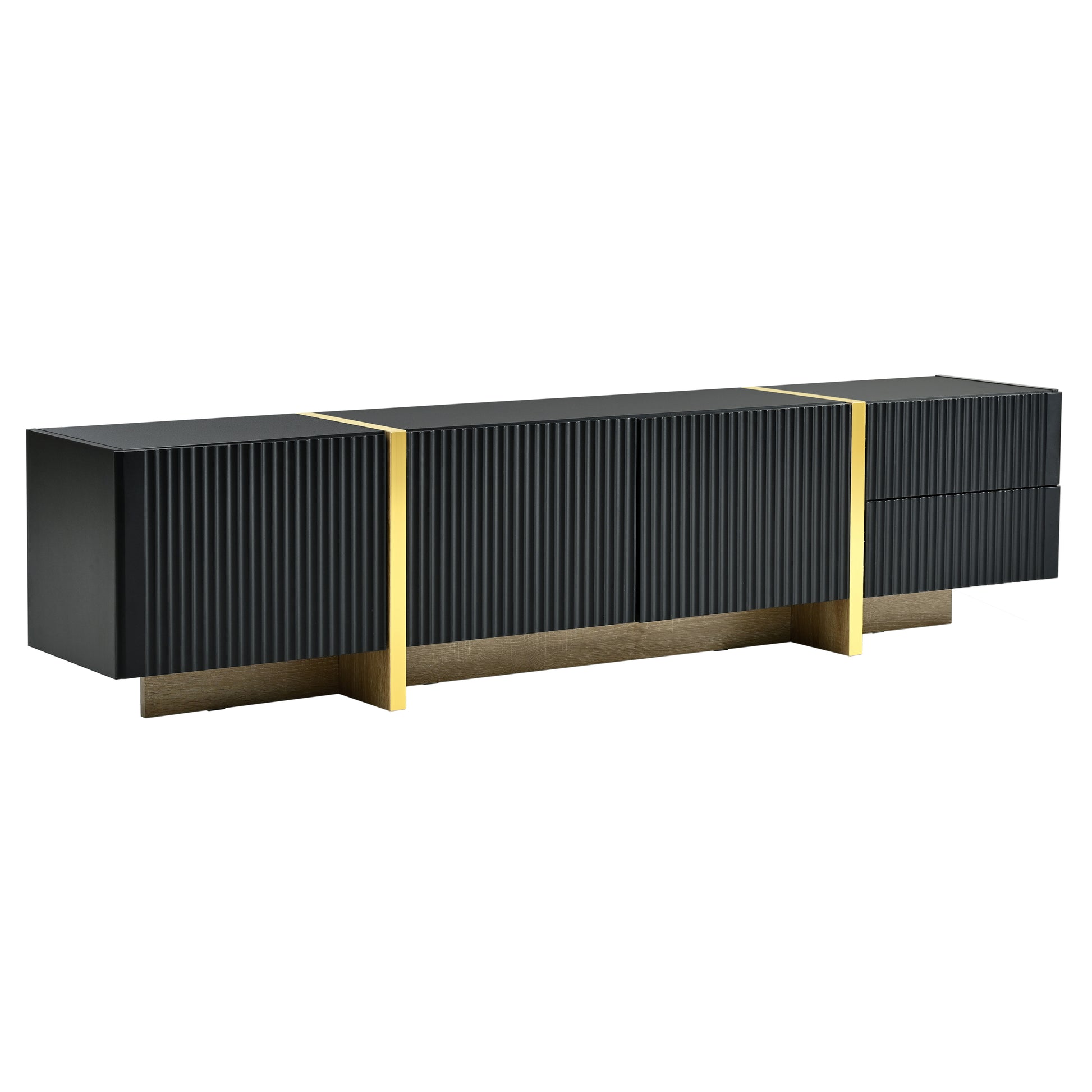 Sleek black media console with ribbed texture gold accents and oak base provides modern storage