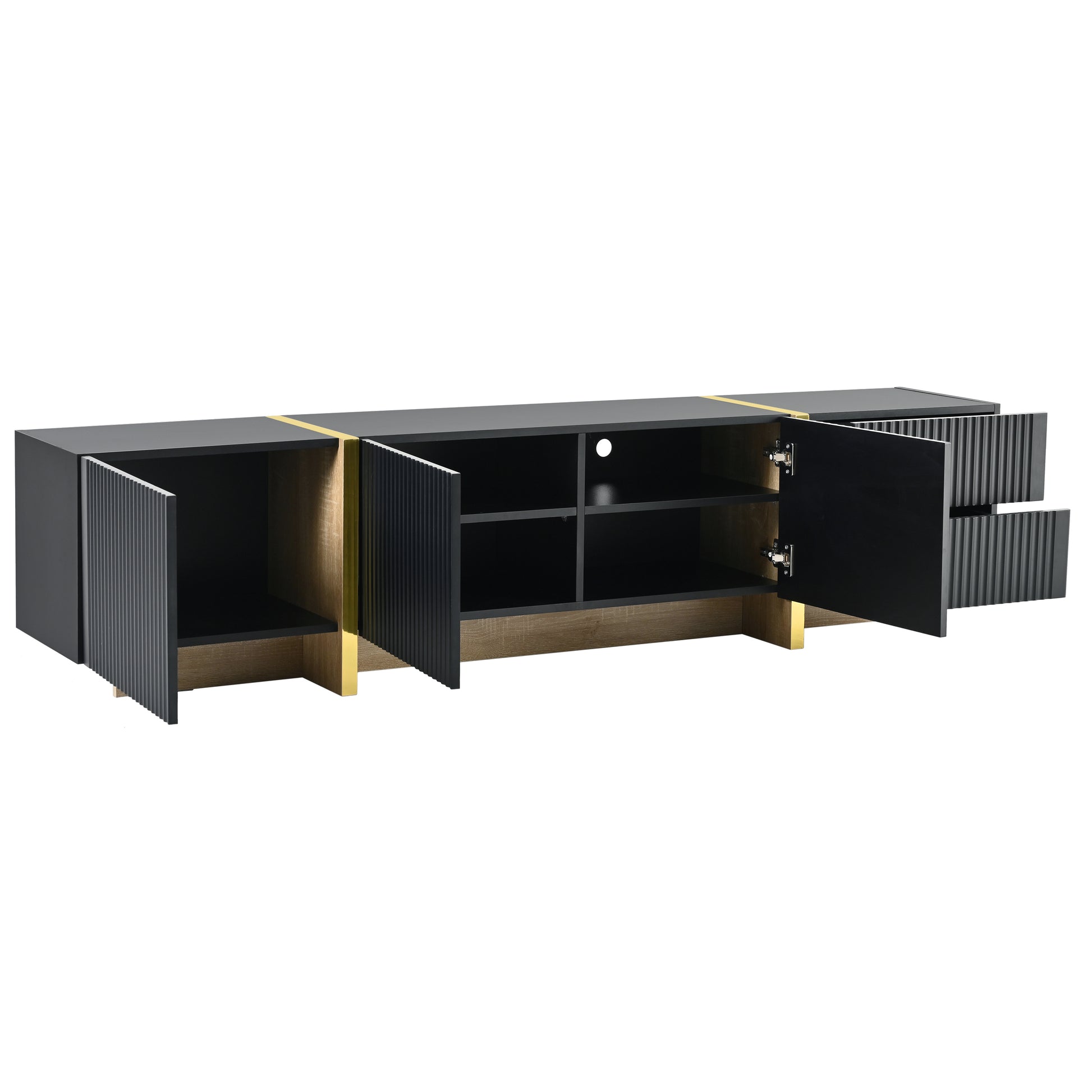 Black modern media console with ribbed doors and gold accents