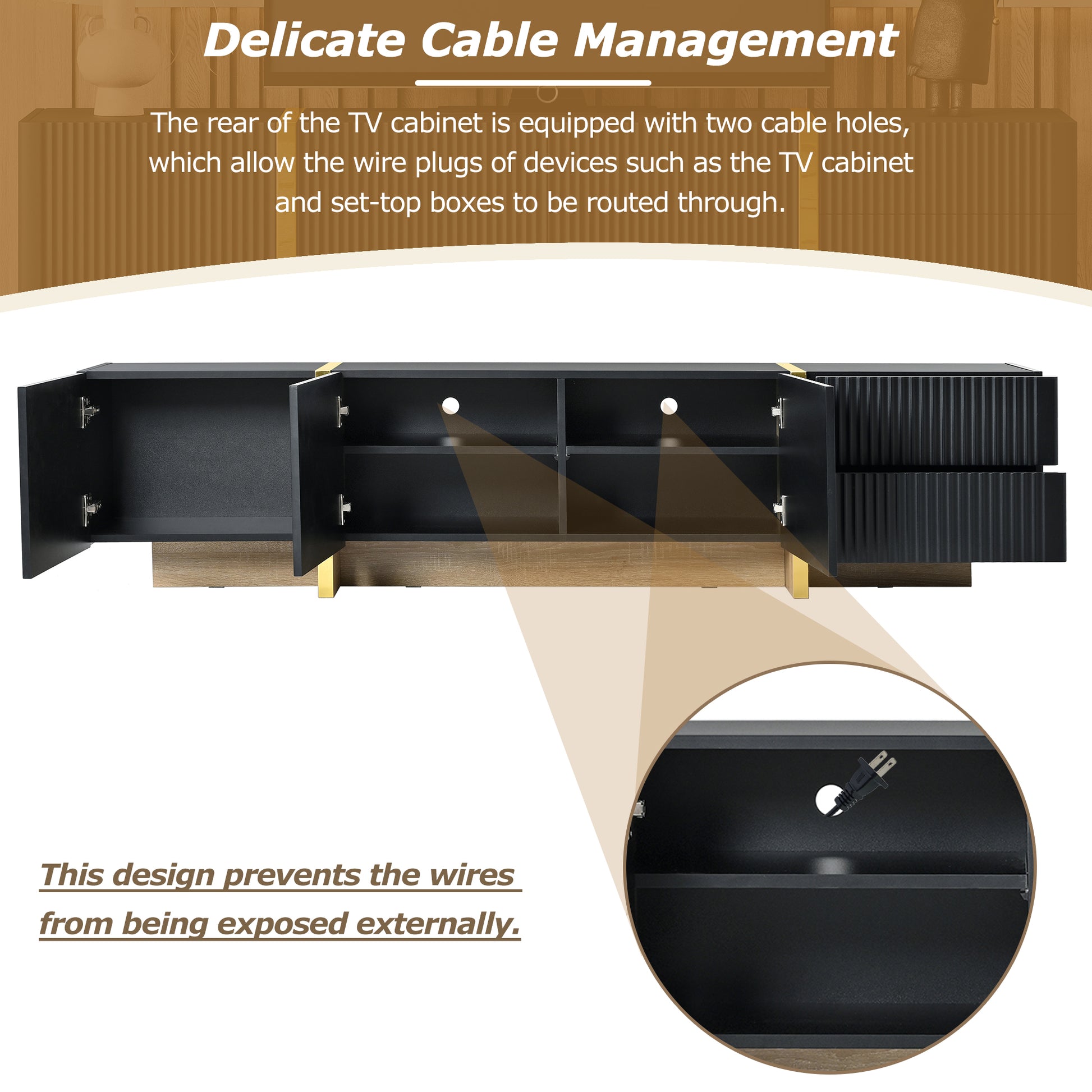 Black and wood TV cabinet with gold accents and open doors showing cable holes