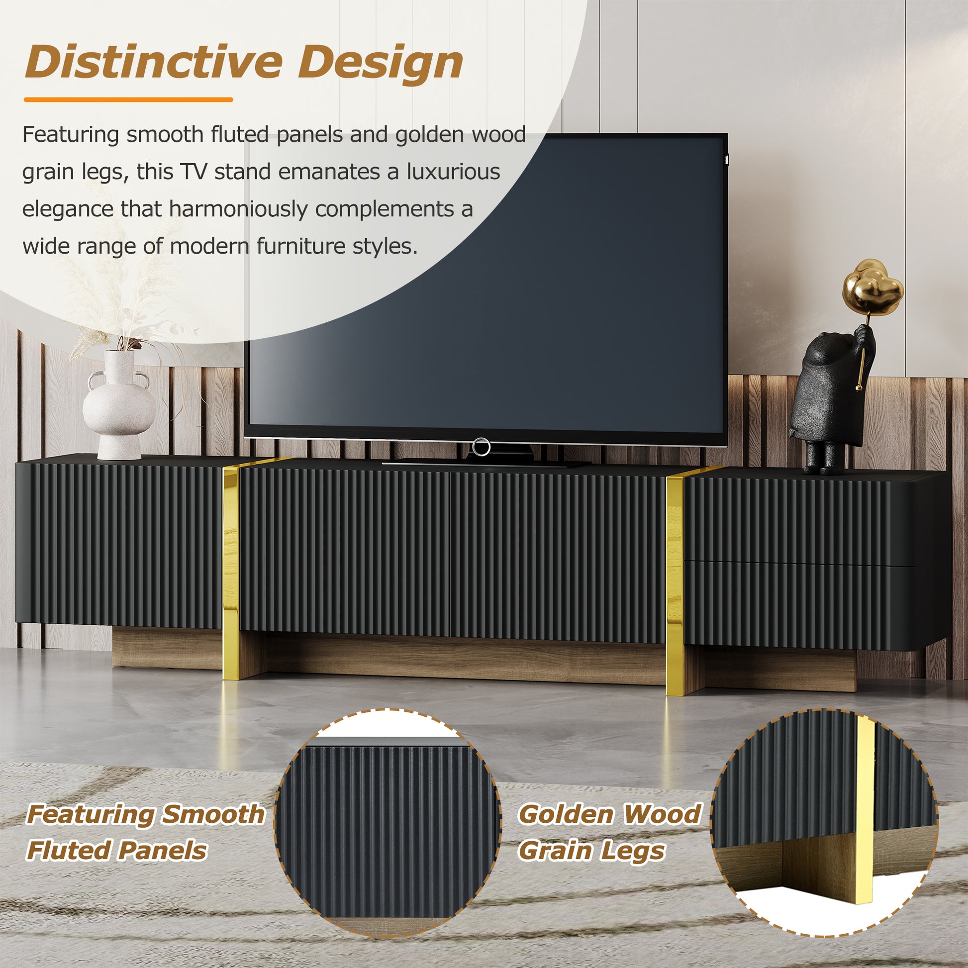 Black fluted panel TV stand with golden wood grain legs and gold accents