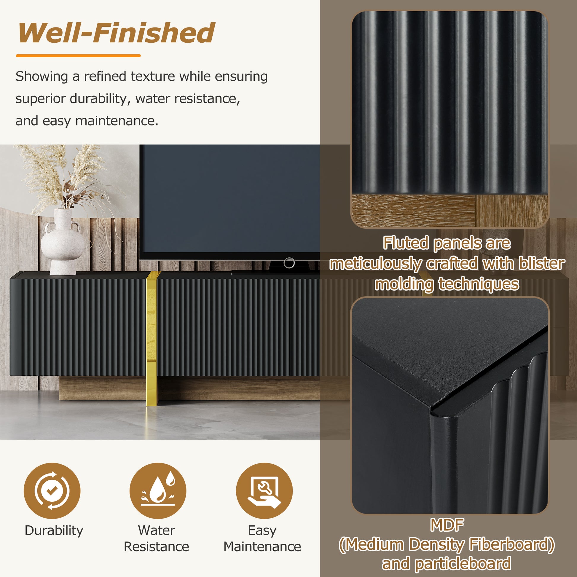 Black fluted media console with gold accent and wood base