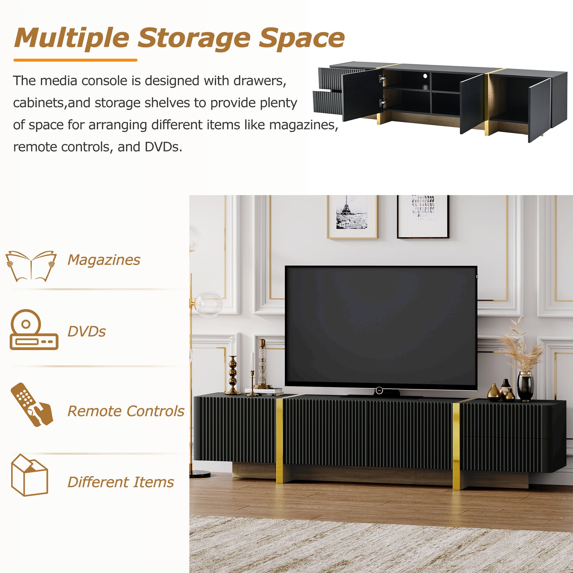 Modern black media console with gold accents ideal for living rooms