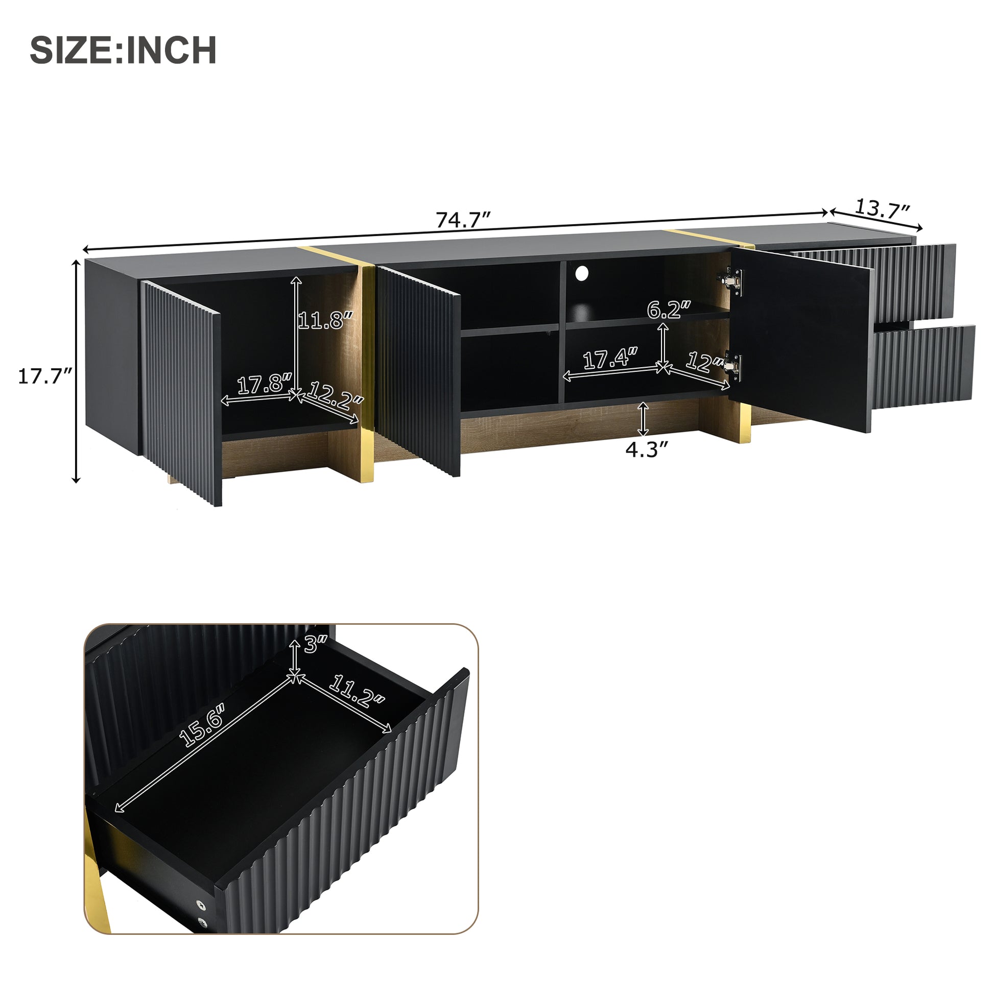 Modern black media console with gold accents and fluted doors  long