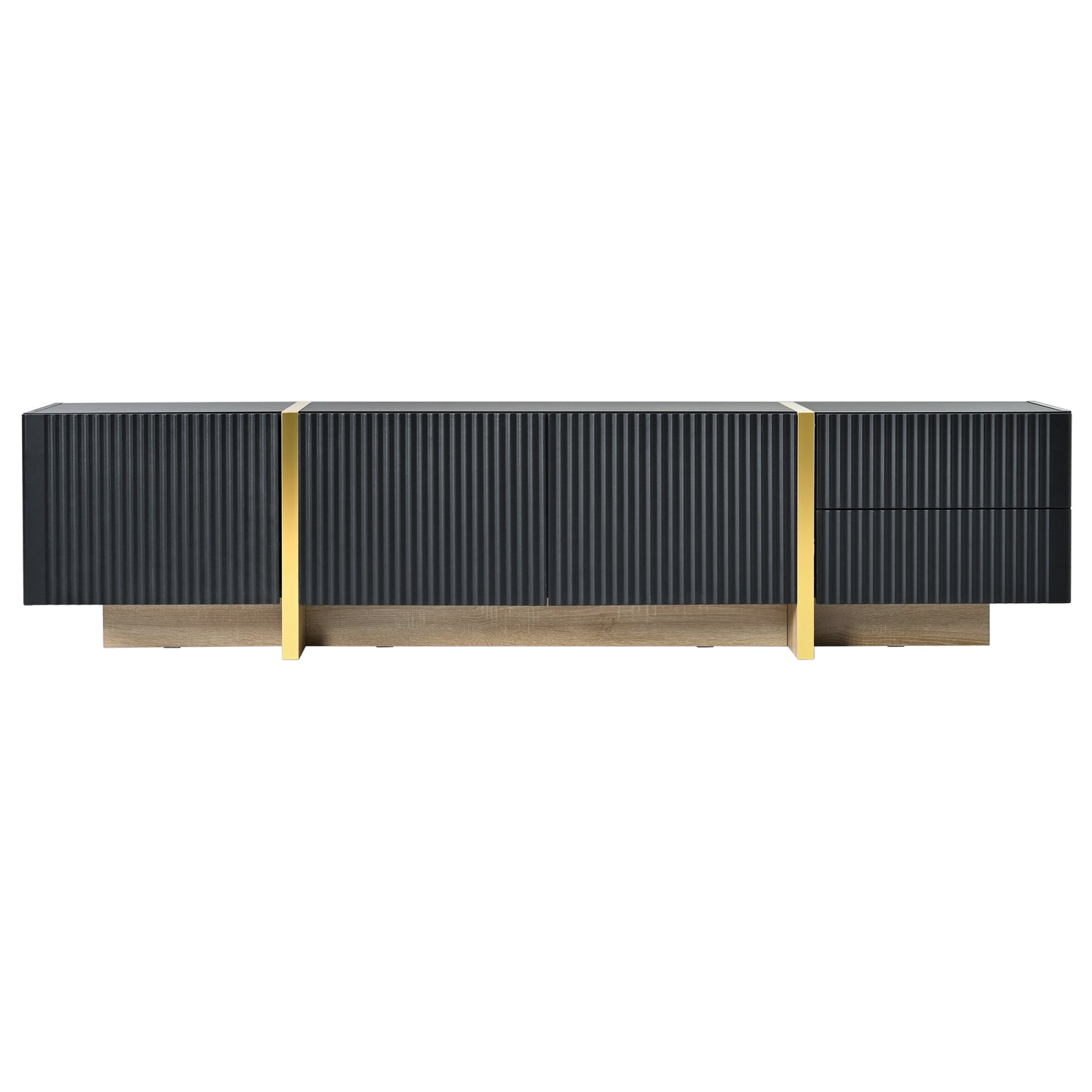 Dark gray fluted media console with gold accent and oak wood base