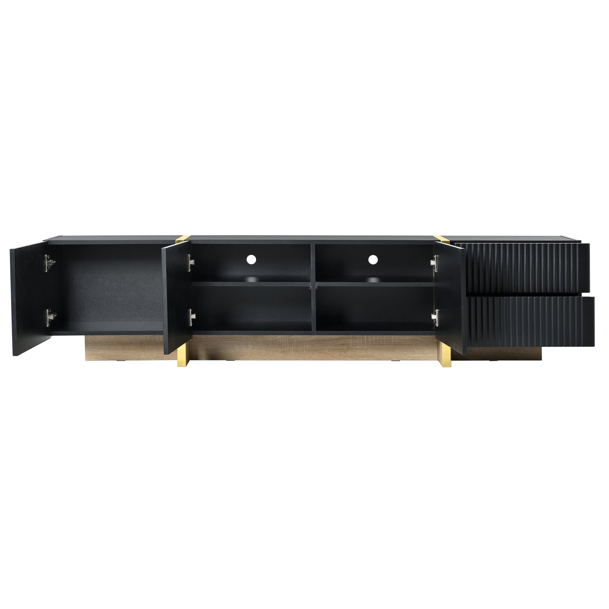 Modern black media console with gold accents and fluted drawer fronts