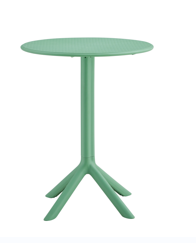 Round mint green patio table with perforated top and tripod base