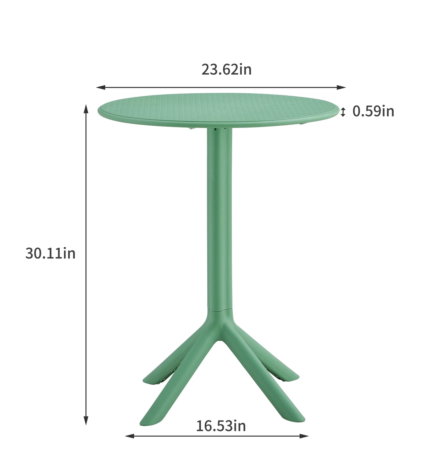 Green outdoor bistro table with textured round top and tripod base in diameter