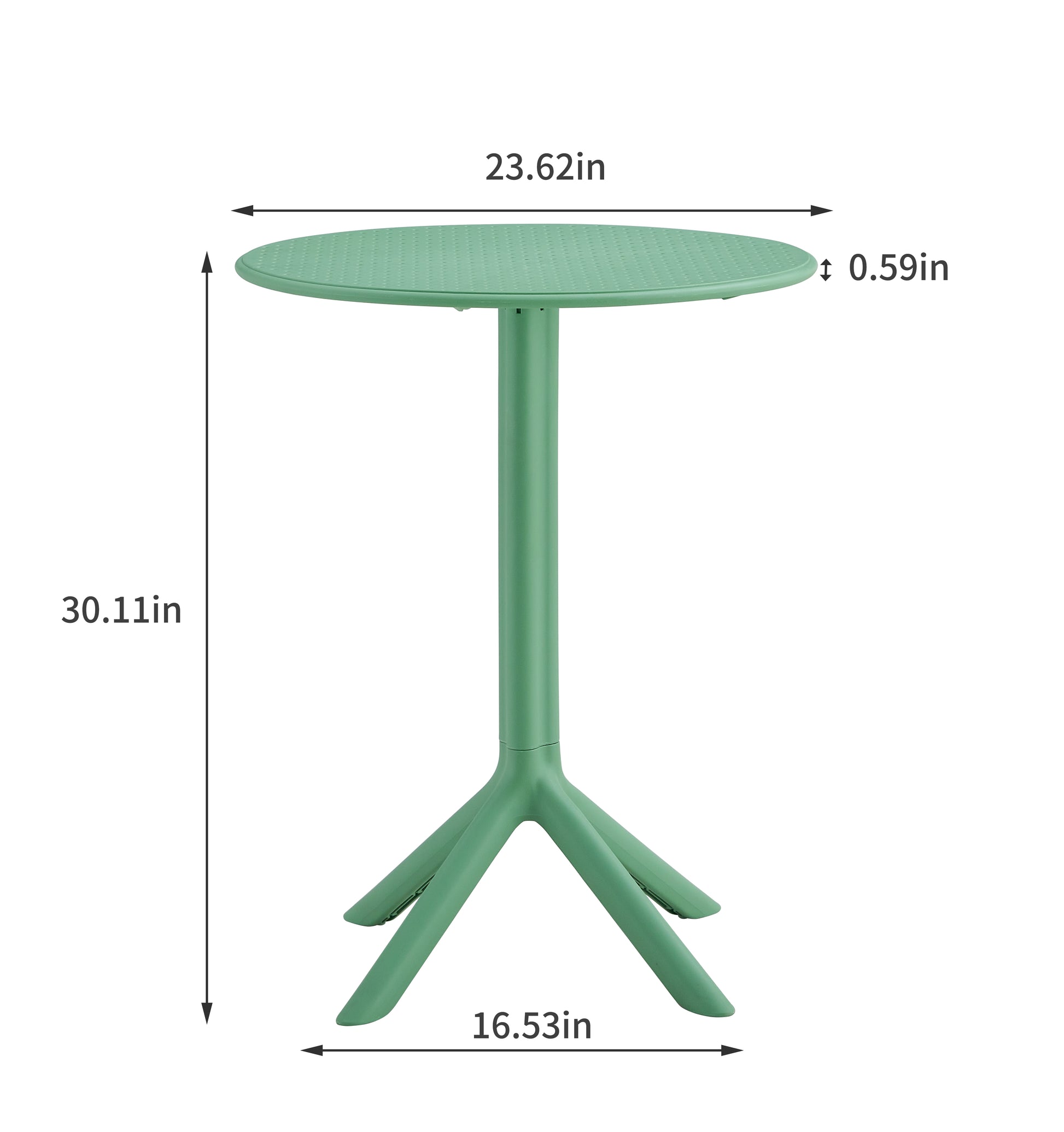 Green outdoor bistro table with textured round top and tripod base in diameter
