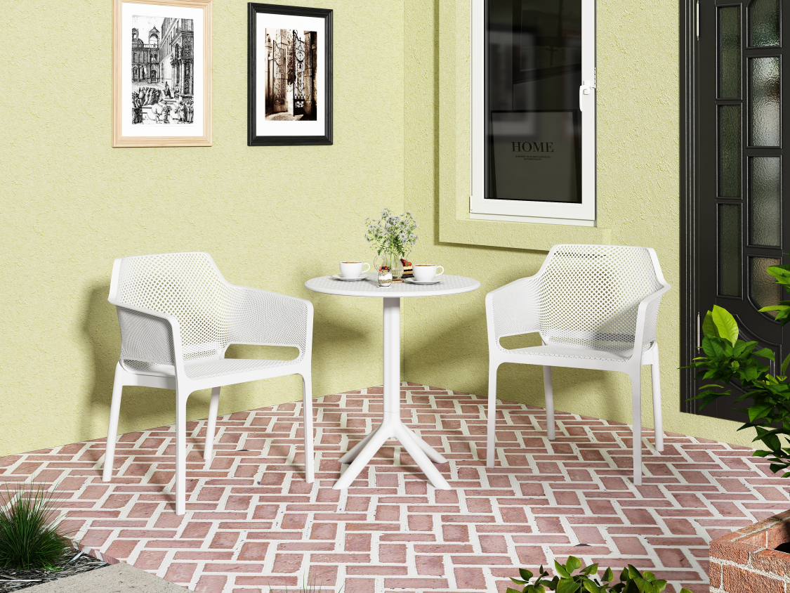 Modern white plastic outdoor chair with perforated design for patio seating