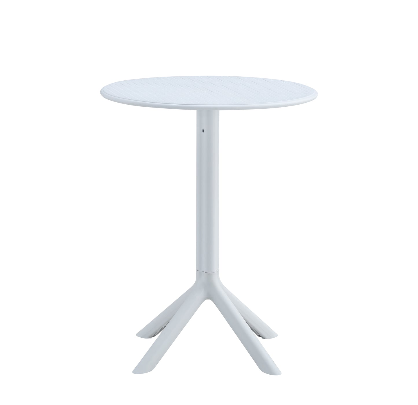 White round bistro table with a textured top and a slender pedestal base