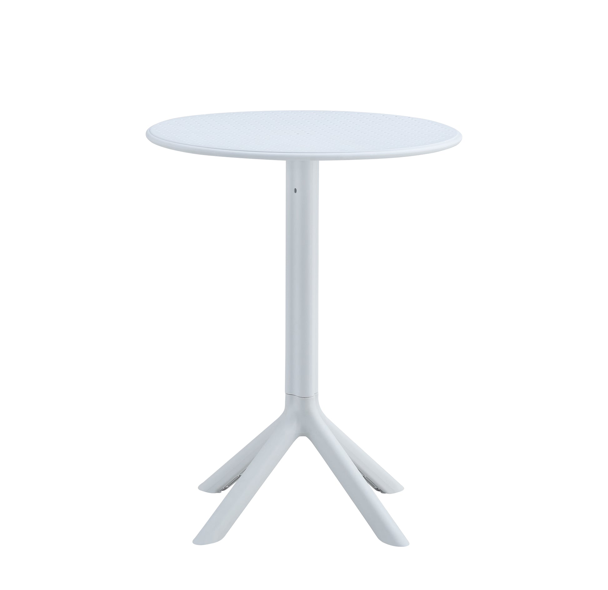 White round bistro table with a textured top and a slender pedestal base