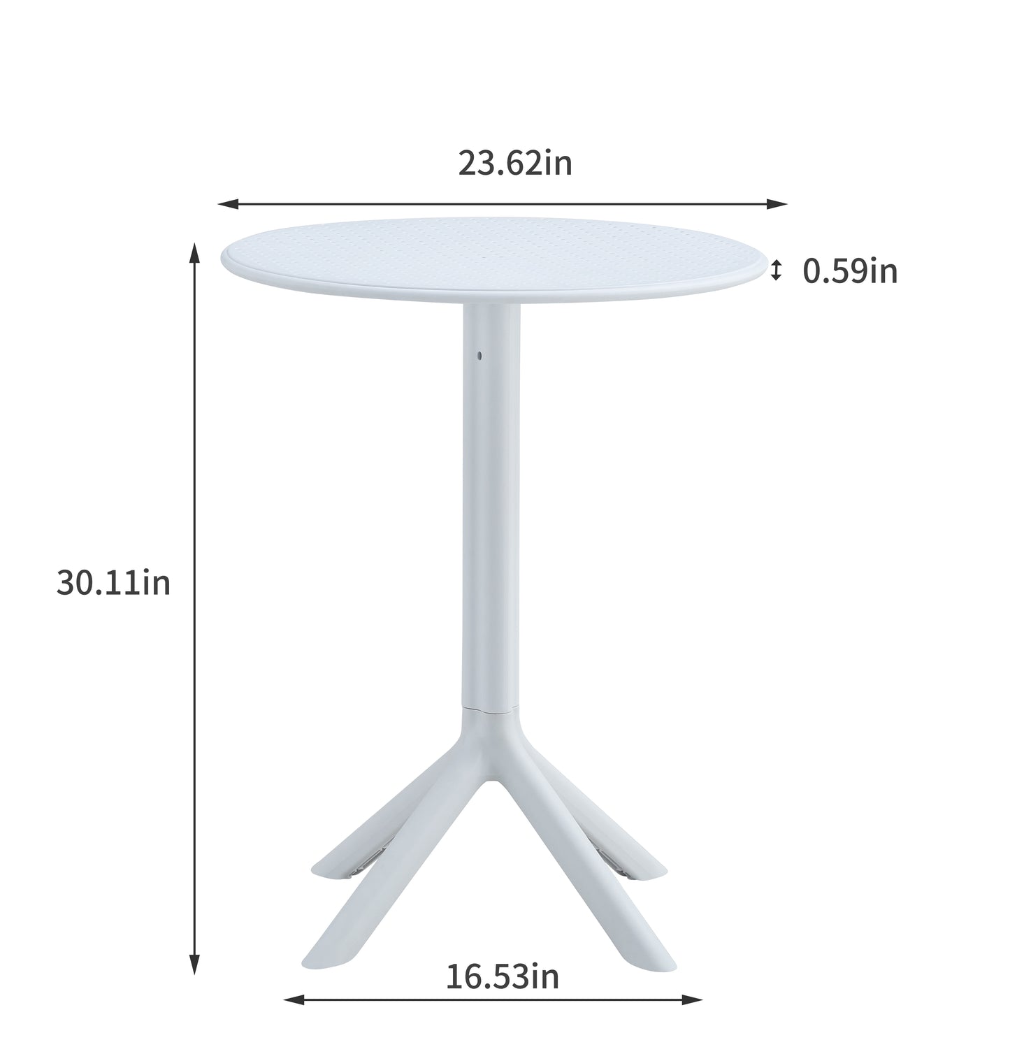 White round side table with textured surface and tripod base perfect for patio use