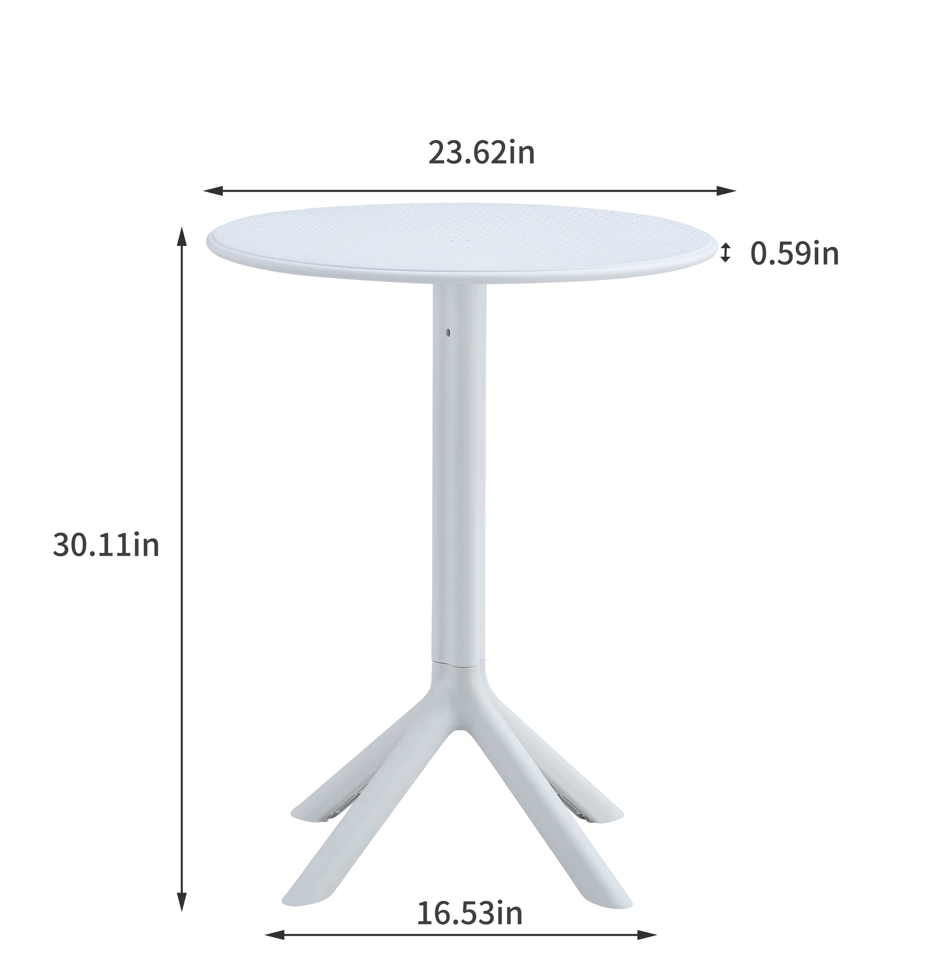 White round side table with textured surface and tripod base perfect for patio use