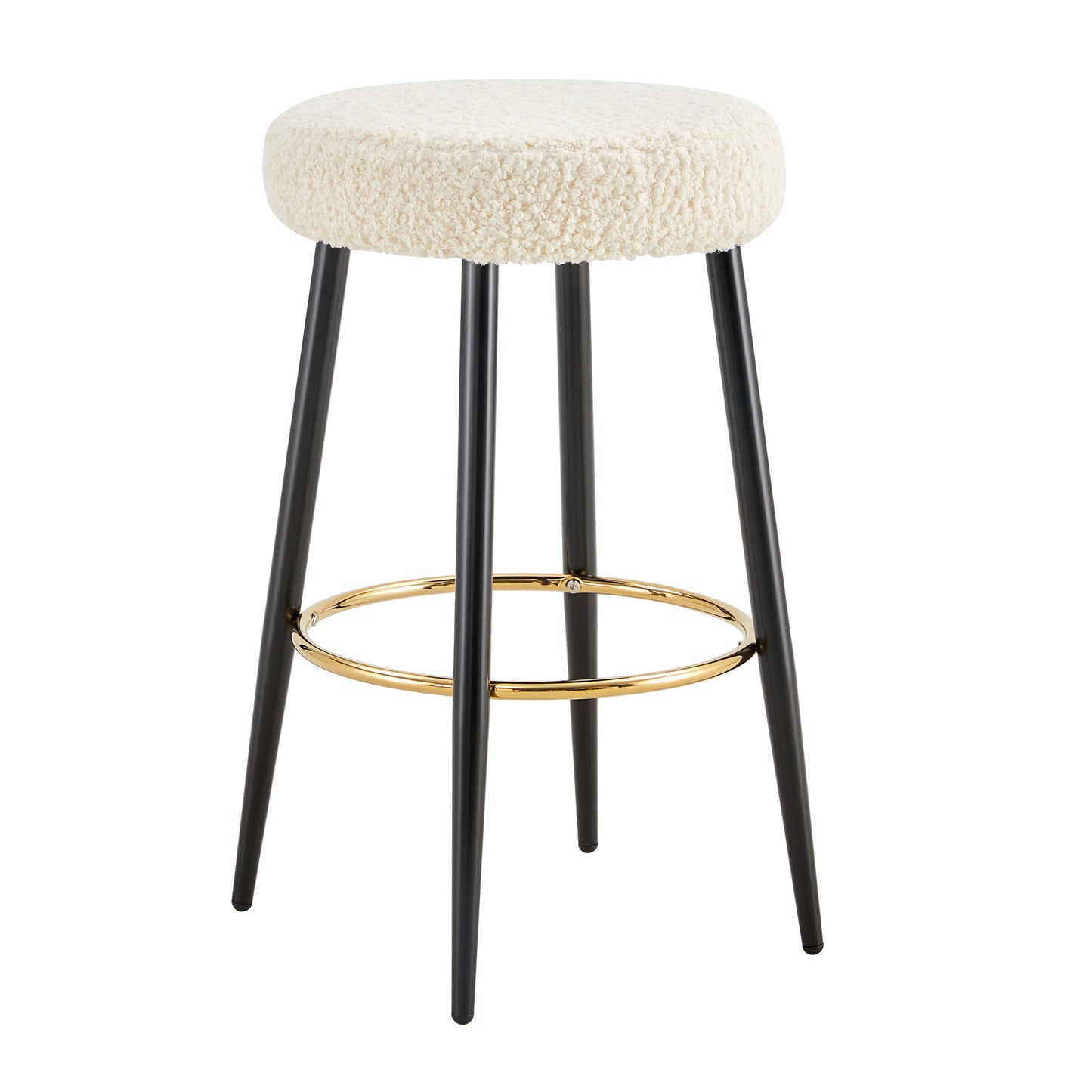 Cream boucle bar stool with black metal legs and gold footrest detail