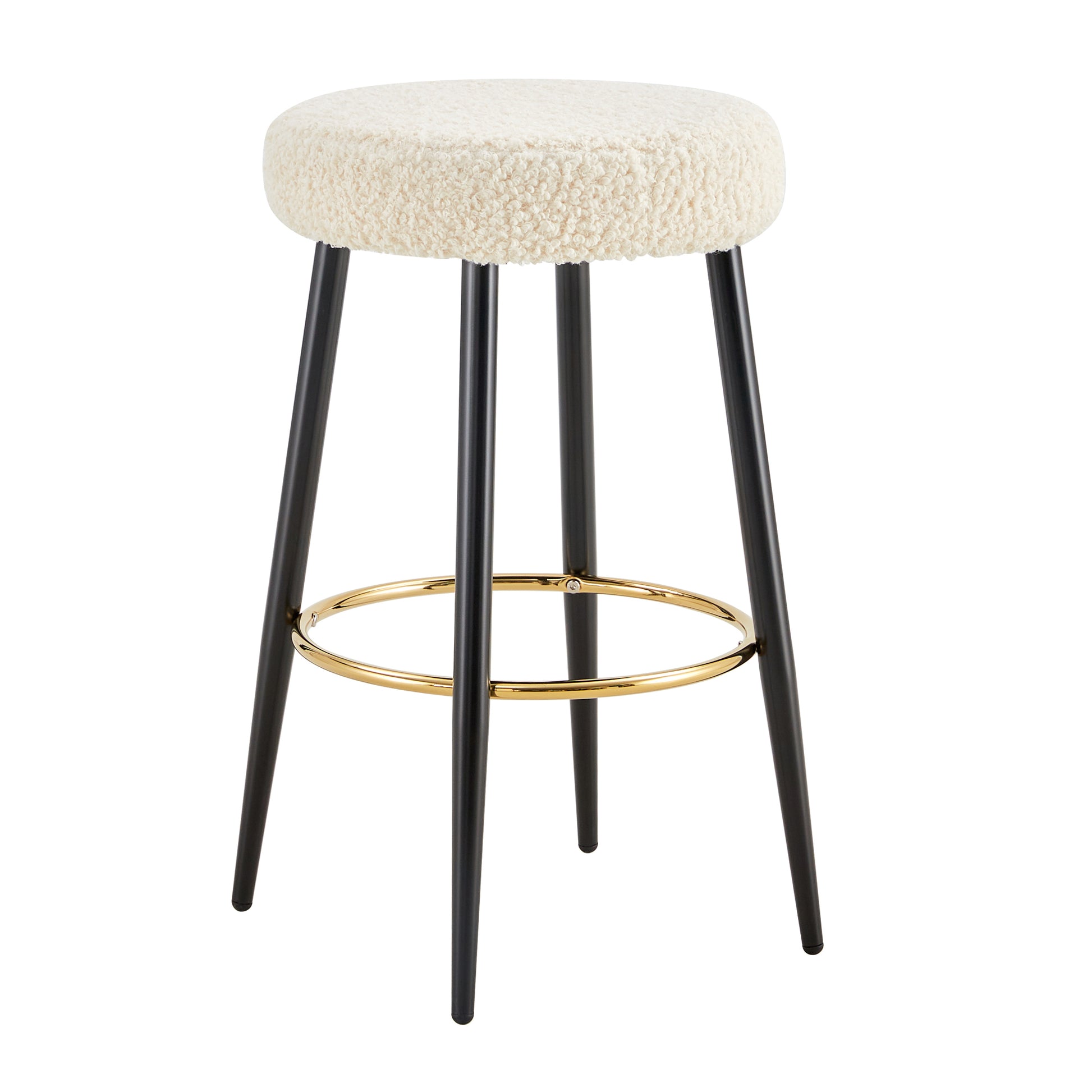 Cream boucle bar stool with black metal legs and gold footrest detail
