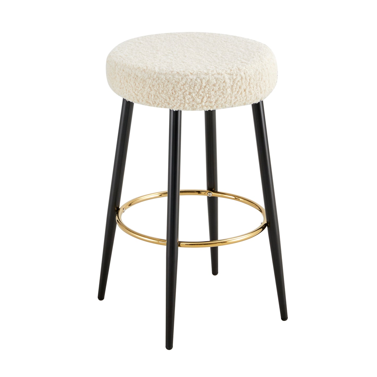 Cream boucle bar stool with black legs and gold footrest ring
