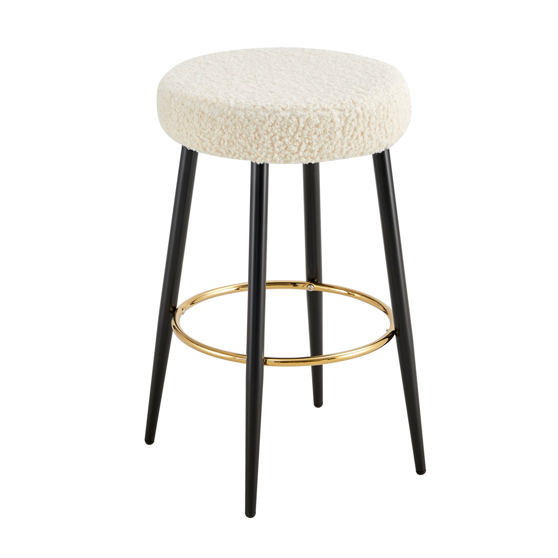 Cream boucle bar stool with black legs and gold footrest ring