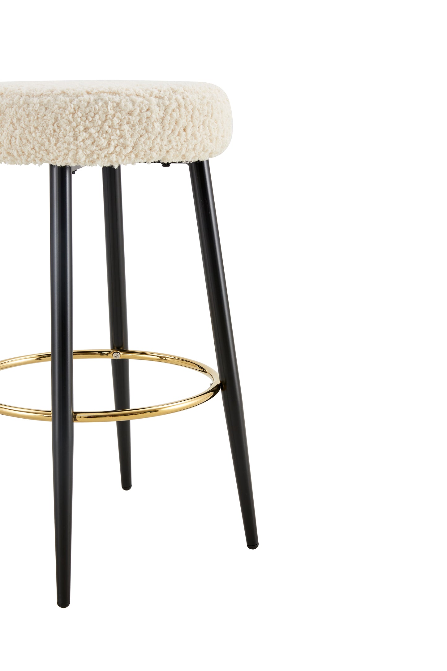 Cream teddy bear fabric round seat bar stool with black legs and gold footrest