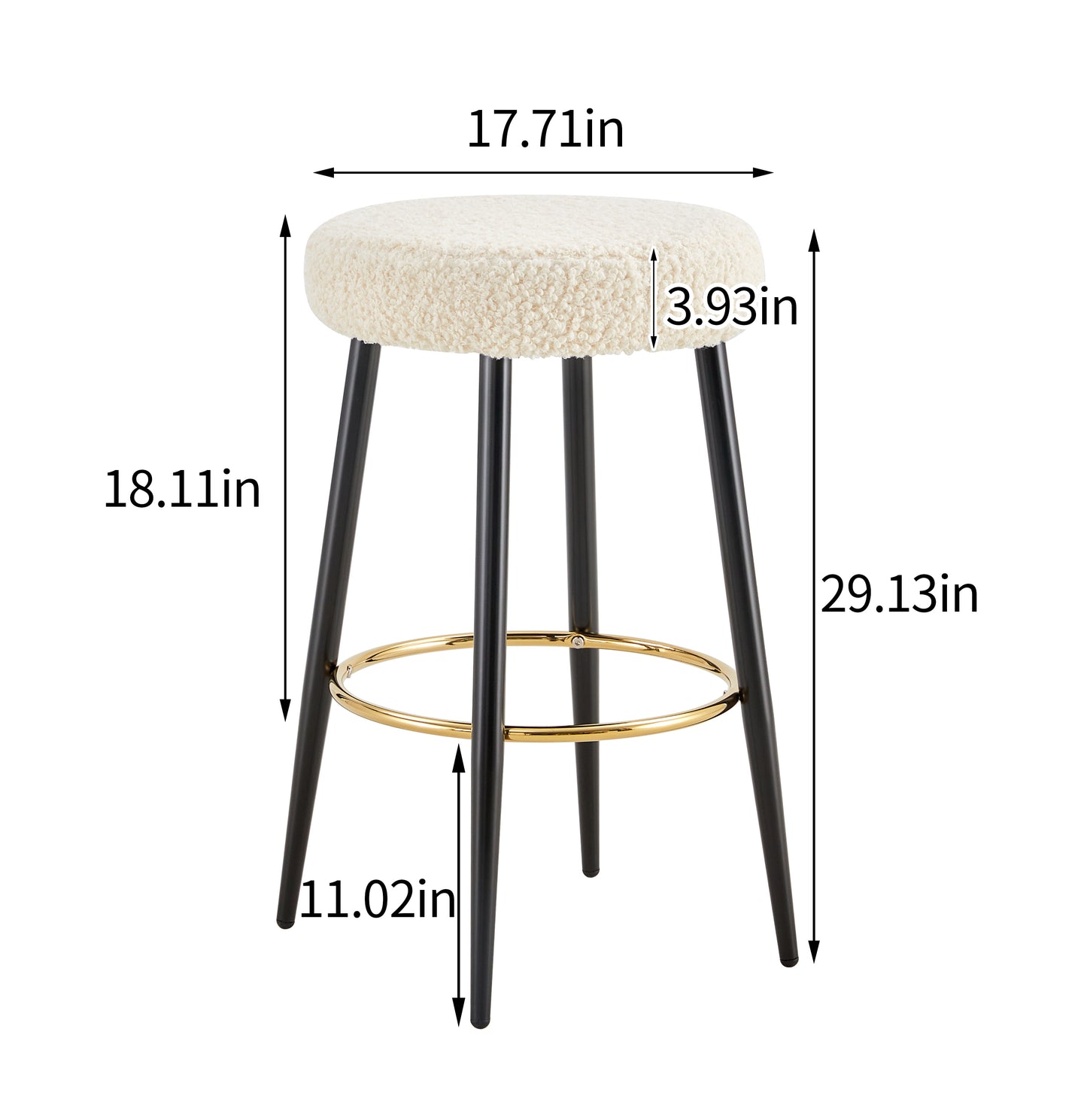Cream boucle bar stool with black metal legs and gold footrest accent