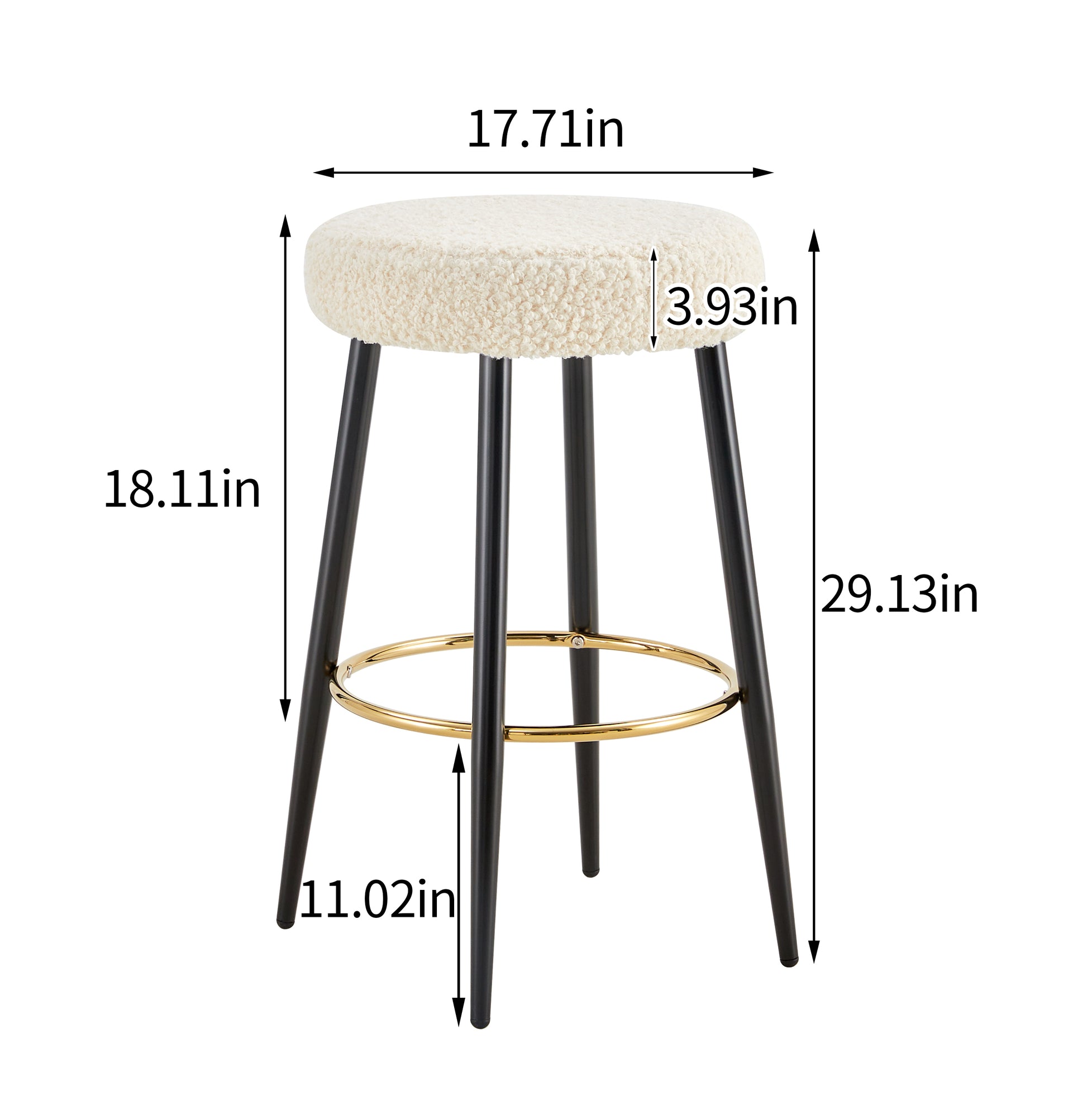 Cream boucle bar stool with black metal legs and gold footrest accent