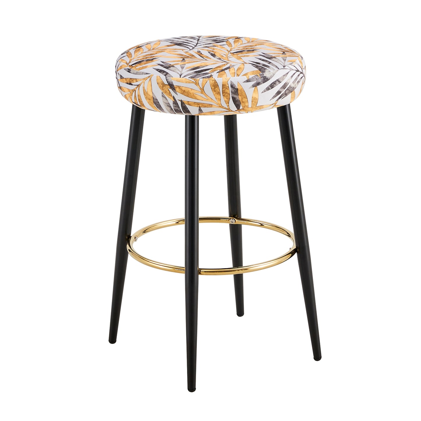Round bar stool with gold and gray leaf pattern upholstery and black legs with gold footrest ring